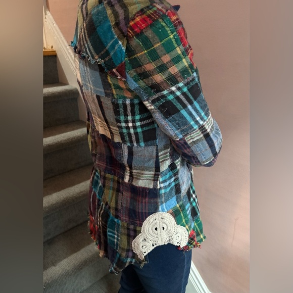 We The Free “Lost in Plaid” Patchwork Flannel Plaid Top with Lace Crochet Sides - Picture 13 of 16